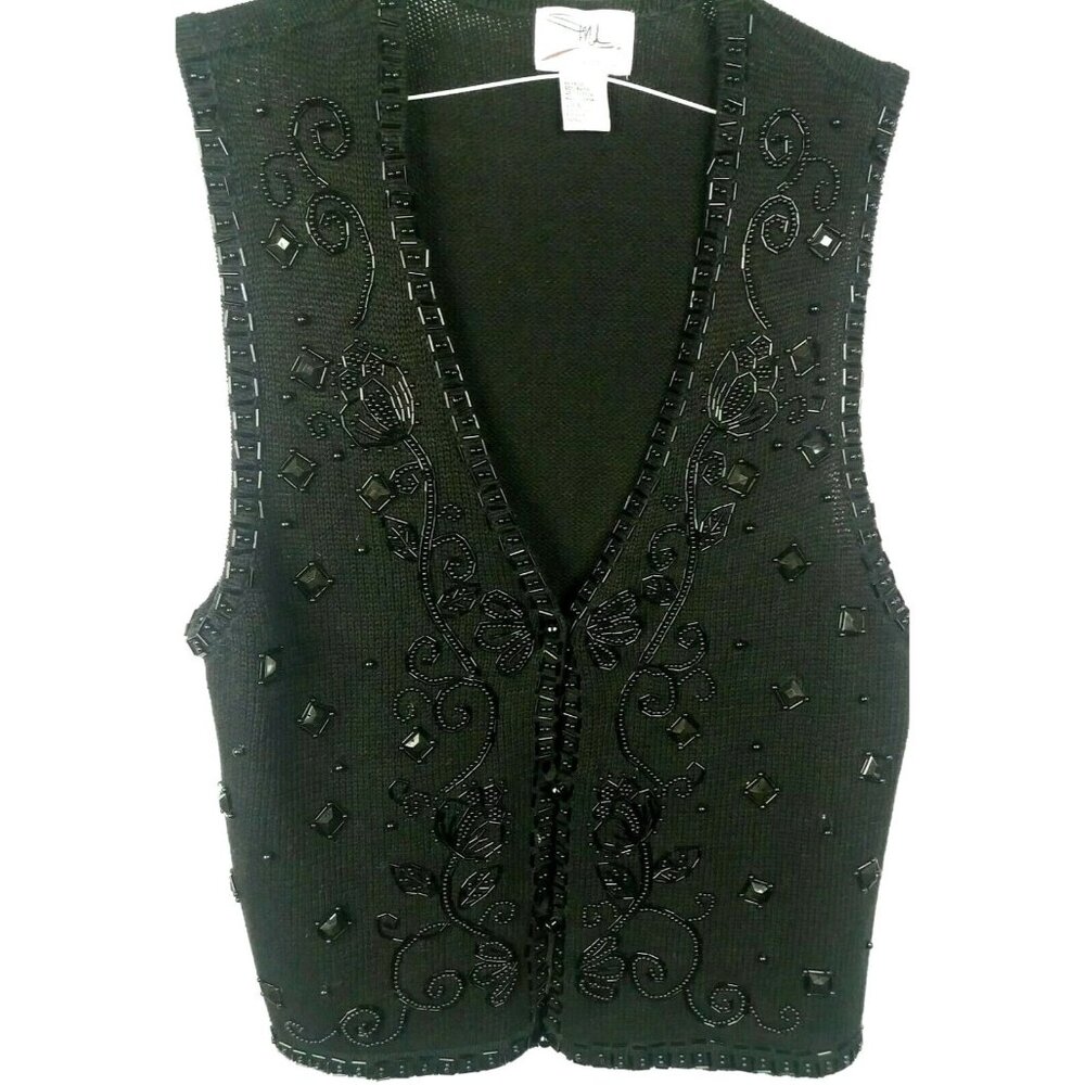 Festive Black Beaded Holiday Knit Vest Size Large Button Front Vintage